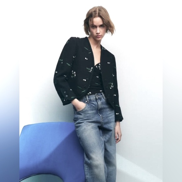 Zara Floral Embroidered Textured Jacket Black size Medium - Picture 1 of 4